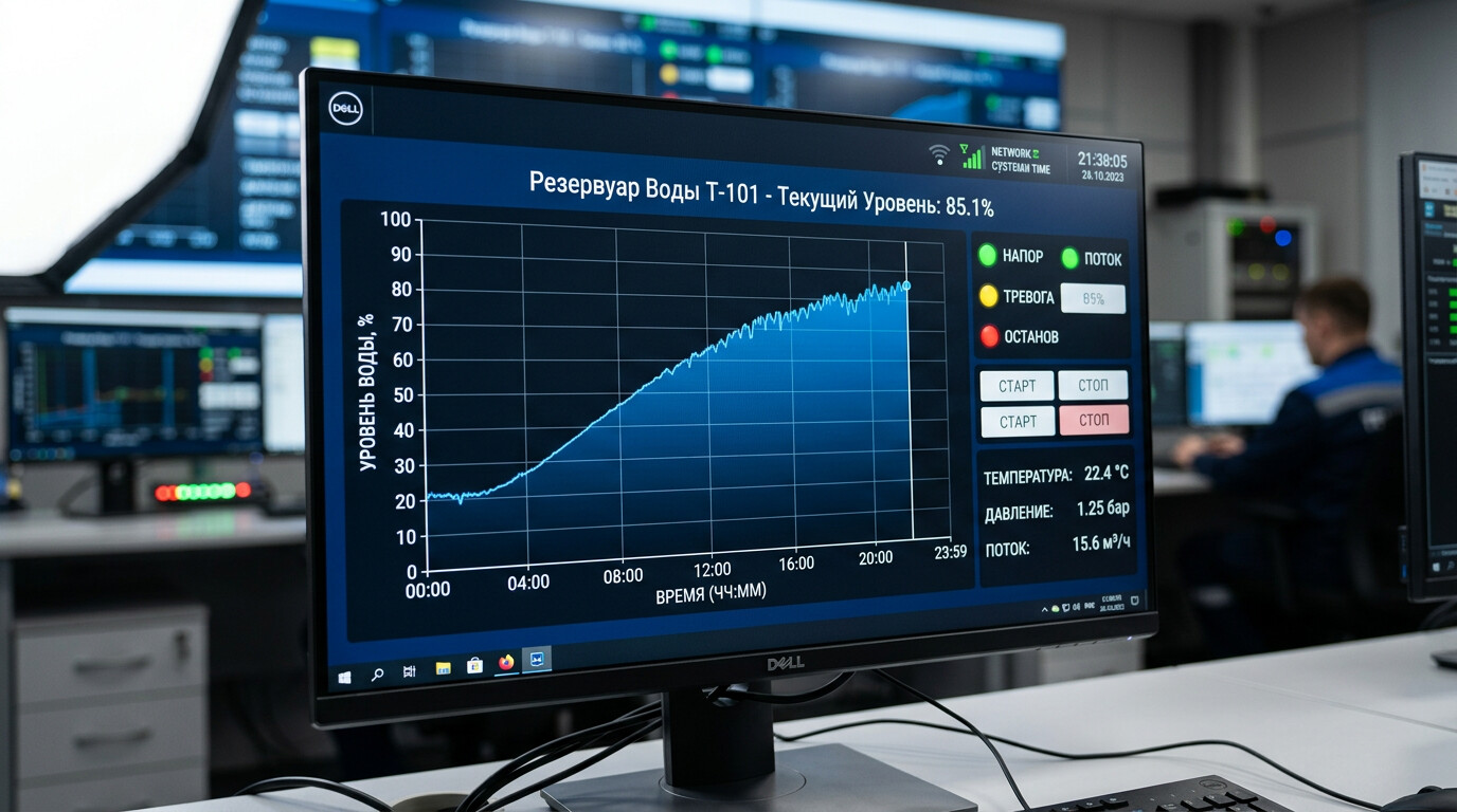 Экран SCADA-системы с графиком уровня воды в реальном времени